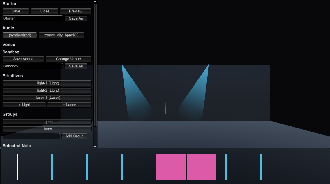 The in-game chart editor: the fixture and group panel on the left, the venue preview with two spotlights lit, and the note timeline along the bottom
